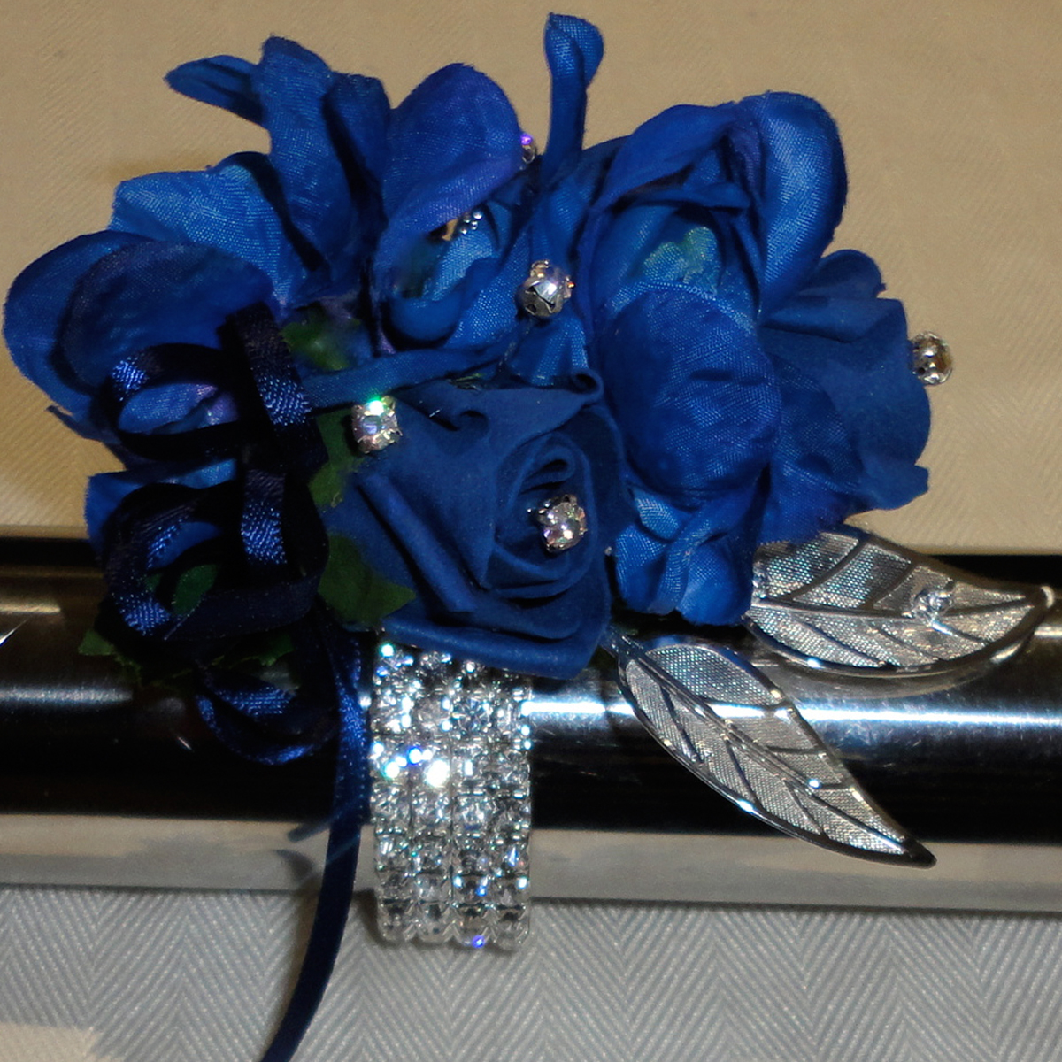 Light Navy Blue Wrist Corsage with diamantes